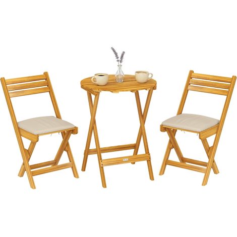 Balkonmöbel Set 3 teilig FSC Holz klappbar Gartenmöbel Set mit runder Tisch 2 Stühle Sitzkissen Atmungsaktiv Lamellsitz (1/5)