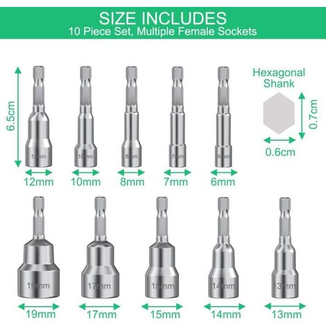 10 Pièces Douille Visseuse, Magnétique Hexagonale 6/7/8/10/12/13/14/15/17/19, pour Perceuse à Main, Tournevis Électrique (1/4)
