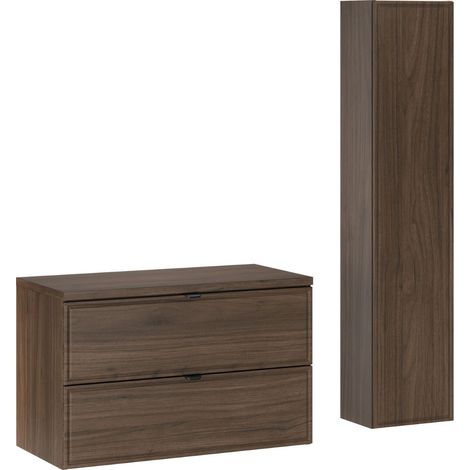 Ensemble meuble salle de bain suspendu 80 cm TERRA VILLA noyer foncé avec plan et colonne 30 x 140 cm