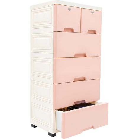 Simon - Carrello da ufficio su ruote - 50 x 35 x 102 cm - Con 6 cassetti - Pino massiccio - Mobile contenitore per casa, ufficio, camera da letto, bagno - Rosa