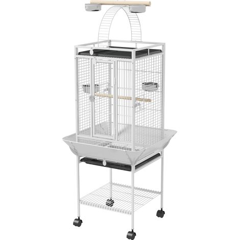 Cage oiseaux, voliere oiseaux à roulettes avec support, plateau coulissant, perchoir en bois, 62,5x62,5x156cm, blanc