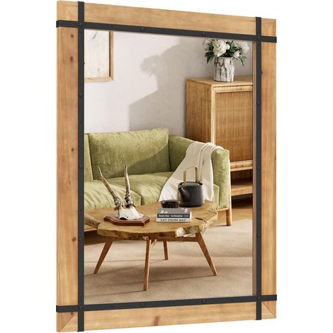 COSTWAY rechteckiger Spiegel mit Holzrahmen, 77 x 100 cm, rustikaler Wandspiegel, unbrechbarer Hängespiegel, dekorativer Holzspiegel mit Haken, für Flur, Wohnzimmer, Schlafzimmer, Braun (1/5)