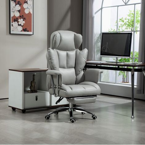 Chaise de bureau ergonomique inclinable à 135°, hauteur réglable 46-54 cm, repose-pieds, pivotante, rembourrée en mousse gris clair pour bureau et télétravail – CHICFURN (1/5)