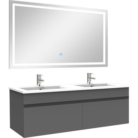 Aica Ensemble de meubles de salle de bain 120cm Anthracite double vasque + miroir led 3 couleurs + dimmable