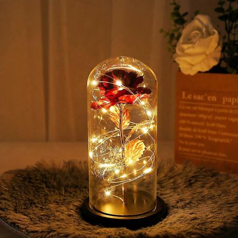 Rose rouge enchantée sous cloche en verre avec lumière LED - Cadeau de Saint-Valentin - Décoration d'anniversaire de mariage (1/4)