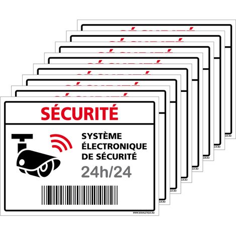 Autocollants Alarme Lot de 8 stickers Alarme Sécurité Protection Vidéosurveillance 8 x 6 cm résistants UV et pluie. Sécurité 24h/24h . code barre . blanc . - Sécurité 24h/24h - code barre - blanc