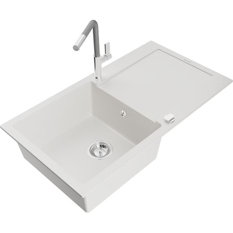 Mexen Leo lavello da cucina in granito 1-vasca con scolapiatti e rubinetto cucina Flora, bianco - 6501-20-670401-06 (1/5)