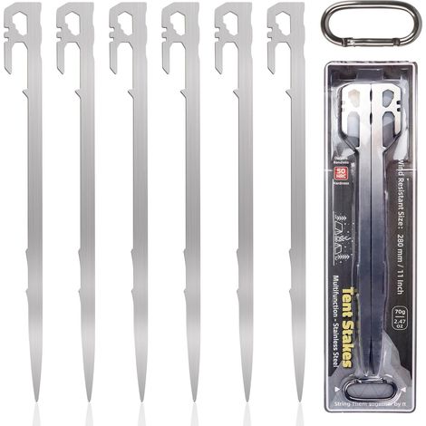 6pcs 28 cm Piquets de tente résistants aux tempêtes en acier inoxydable Piquets de camping stables pour jardin, camping, pêche et tentes (1/5)