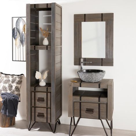 Colonne de salle de bain Loft en bois et métal 190 cm gris (1/5)