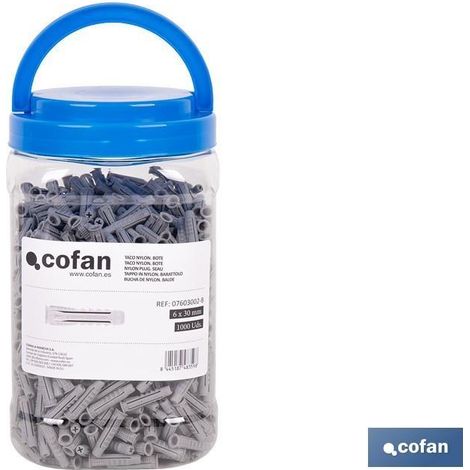 Taco nylon 6x30 mm, 4 segmentos, bote de 1000 unidades para fijación segura. (1/4)