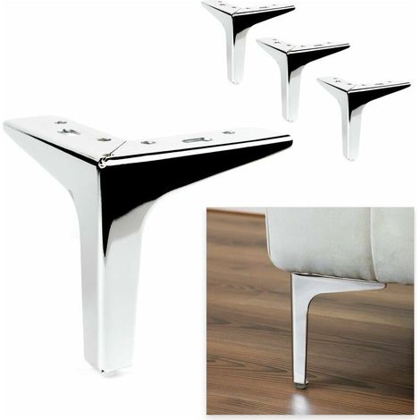 Modèle Lot de 4 pieds + 16 vis, hauteur 13 cm, pieds pour canapés, meubles, armoires, fauteuils, pieds en métal pour ameublement, design, moderne et élégant - Chrome brillant (1/5)