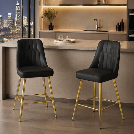 Taburetes de bar lote de 2, altura 100 cm, PU negro y metal dorado, con reposapiés DESVIAE (1/5)