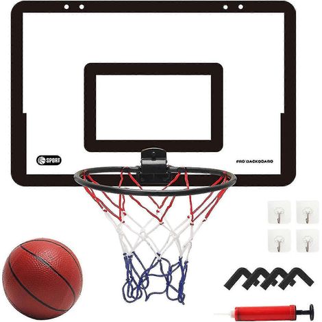 Panneau de basket-ball transparent à suspendre à une porte, sans perçage, avec 1 panier, 4 crochets et 1 ballon de basket-ball - Noir (1/4)
