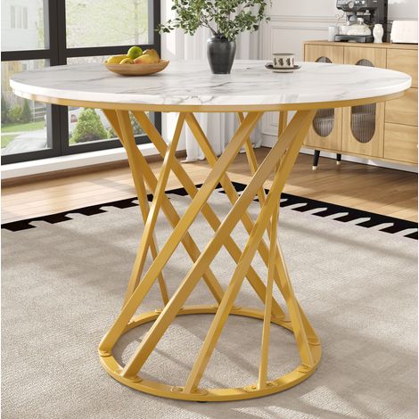 Mesa de comedor redonda 80x80x76 cm dorado y blanco en MDF y metal con patas regulables (1/5)