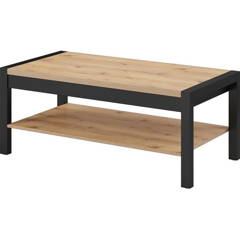 Mesa baja color roble y negro colección TIVORA con estante intermedio de almacenamiento.
