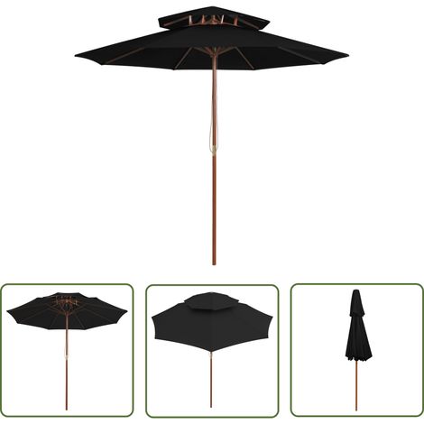 Parasol double avec mât en bois Noir 270cm (1/5)