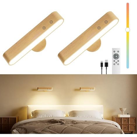 Applique murale à batterie 7500 mAh pour chambre à coucher, applique murale sans fil avec télécommande et tactile, rotation magnétique à 360° (Hêtre - 2 Pièces) (1/5)