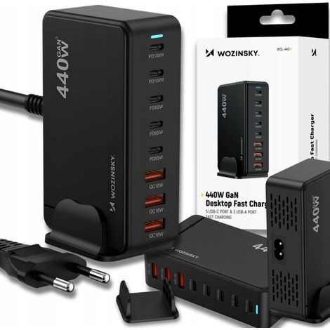 Stazione di ricarica da tavolo con 3 porte USB-A e 5 porte USB-C, GaN QC3, 440 W - Nera (1/5)