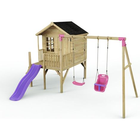 Rebo Playhouse and Double Swing Set with Slide - Luna Purple
