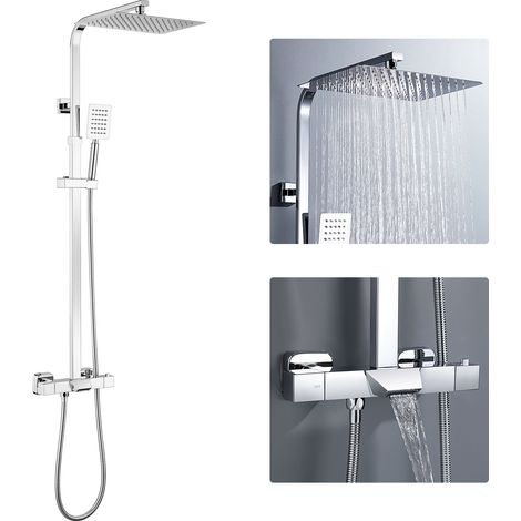 Auralum Sistema de ducha con termostato, grifería para bañera, ducha tipo lluvia, teleducha, columna de ducha regulable en altura 985 - 1295 mm