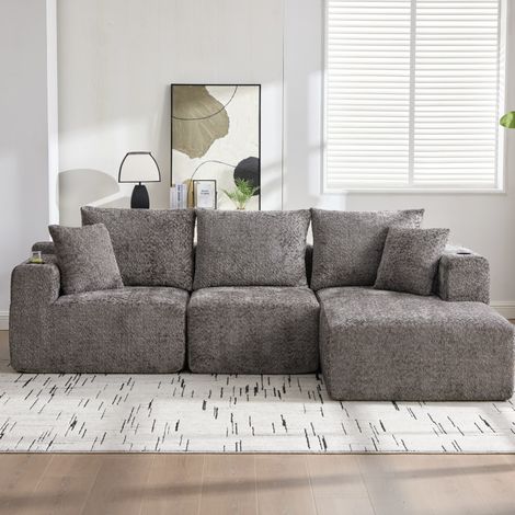 Canapé d’angle modulaire 261x164x81 cm gris foncé, porte-gobelet, tissu chenille MEUBLIV (1/5)