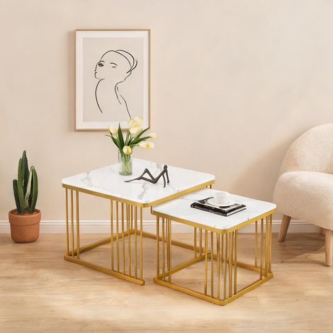 Table basse set 2 MDF blanc effet marbre coloris blanc en MDF (1/5)