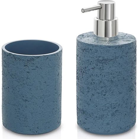 Set accessori bagno dispenser e portaspazzolini turchese cobalto resina effetto pietra Matera (1/5)