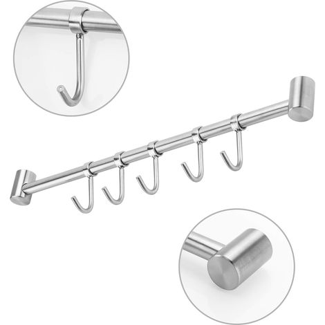 Barre de Suspension de Cuisine Support Mural avec 5 Crochets - Barre de Suspension de Cuisine Barre de Suspension de Cuisine en Acier Inoxydable (1/4)