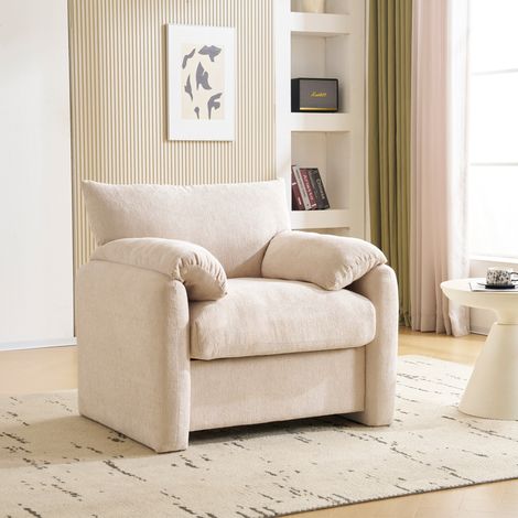 Fauteuil de salon 96x82x84 cm beige, assise 1 place en chenille, structure bois et fer MEUBLIV (1/5)