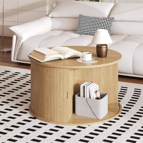 Table basse ronde 28 pouces avec rangement porte coulissante style milieu de siècle (1/5)