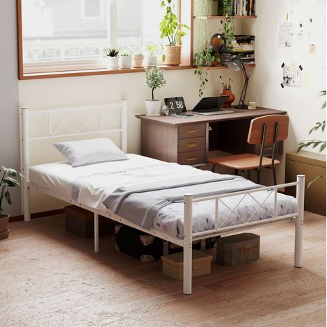 Bettgestell Einzelbett modern aus Stahl Weiß 90x200 cm mit hohem Kopf- und Fußteil, Lattenrost integriert