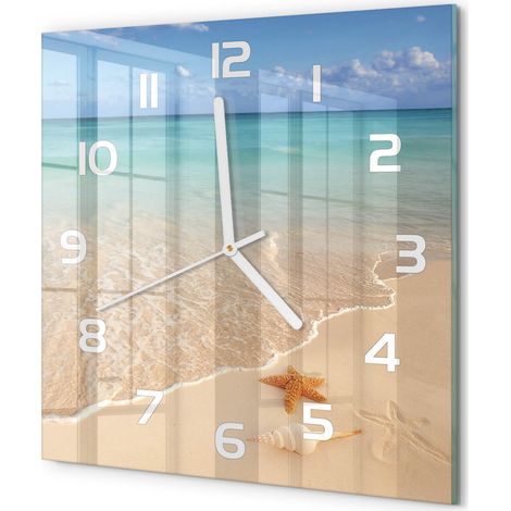 Horloge Murale Carrée Décoration Cuisine en Verre Trempé Silencieuse Moderne Étoile de mer sur la plage 30x30 cm (1/5)