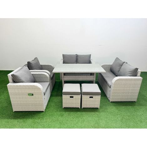 Fimous 8 Seater Outdoor Reclining Chair Love Sofa Set Rattan Garden Furniture Set with Rectangular Dining Table 2 Stools Light Grey (1/4)