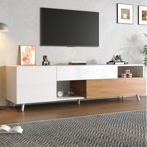 Meuble TV 180x38x50 cm blanc et bois en panneau de particules avec rangement, façade brillante et 5 pieds (1/5)