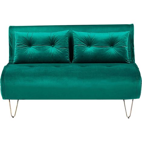 Beliani – Canapé convertible 2 places en velours vert foncé – Pieds en métal doré – Lit d'appoint avec mécanisme clic-clac – Style moderne et glamour