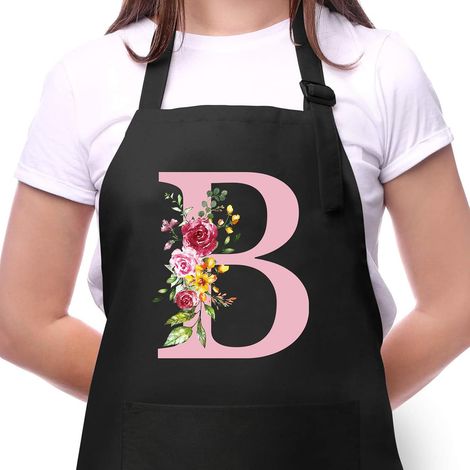 Tabliers de Cuisine Femme avec Initiale Fleur, Tablier Noir Réglable avec 2 Poches, Cadeaux pour Maman, Femme, Petite Amie, Anniversaire, Noël pour Cuisine, Jardinage, Restaurant, Barbecue Peinture B (1/5)