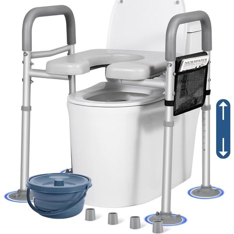 Rehausseurs de siège de toilette réglables pour personnes âgées avec pochette de rangement, siège de toilette surélevé avec poignées pour personnes âgées, enceintes et handicapées (avec seau) (1/5)