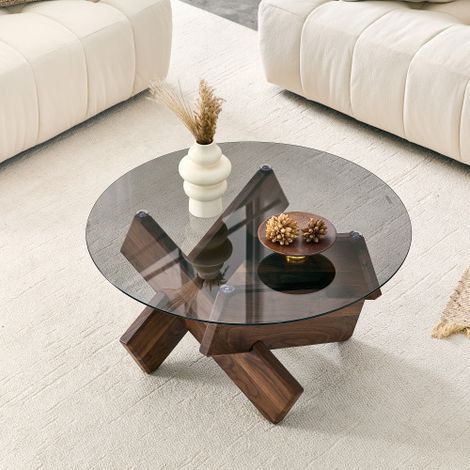 Mesa de centro redonda moderna de cristal con una robusta base de diseño en madera o imitación mármol, de aproximadamente 79 cm de diámetro y 45 cm de altura. Mesa de salón ideal para interiores con e (1/5)