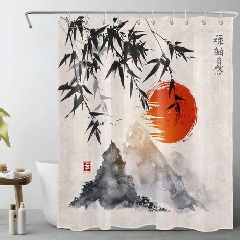 Rideaux de Douche Sumi-e Japonais 150X200CM Bambou Montagne Soleil Rouge Rideaux de Bain avec Crochets,Imperméable Polyester Anti Moule Salle de Bain Décor (1/5)