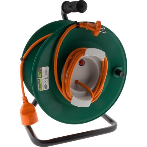 Zenitech – Enrouleur électrique 40m H05VV-F 2x1,5mm² – Puissance max 3200W – Coupe circuit thermique 6/16A – Pied métal stable (1/6)