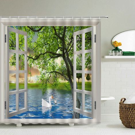 Rideau de douche imprimé en 3D, motif forêt, 180 x 200 cm, imperméable et lavable, avec crochets. Dimensions : L 180 x H 240 cm.