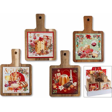 Taglieri natalizi in legno di acacia e ceramica con manico e decori natalizi. Adatti al contatto alimentare, set da 12 pezzi, cm 12 x 18 H