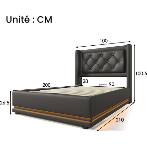 Letto Contenitore Singolo con USB, Tipo C e LED Regolabile 90×200 cm, senza Materasso, in PU, Nero (1/4)