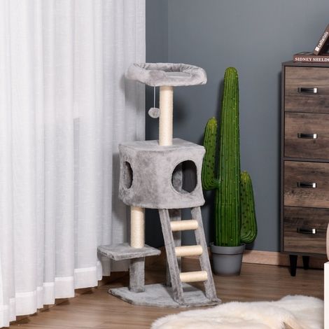 Árbol rascador para gatos 120 cm con guarida, bola, sisal y plataforma, gris claro OKMYHOME (1/5)