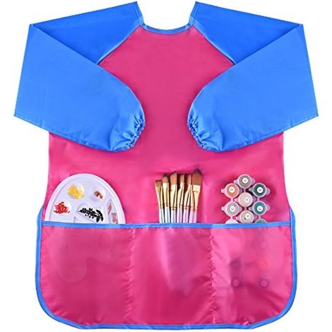 KUUQA Lot de 2 tabliers d'art imperméables pour enfants, à manches longues et 3 poches spacieuses (peintures et pinceaux non inclus), bleu/rouge (1/3)