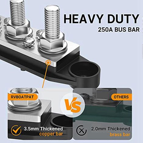 Compatible avec un bloc de distribution d'alimentation de batterie bus 4x 250A 12V pour systèmes audio de voiture, bus 12V CC, 4 bornes de 3/8 pouce, 6 vis de 8 pouces. (1/5)