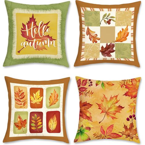 Fundas de cojín decorativas con estampado de hojas de arce, 45 x 45 cm, marrón y verde, de terciopelo suave, para sofá, cama u otra habitación (4 piezas) (1/4)
