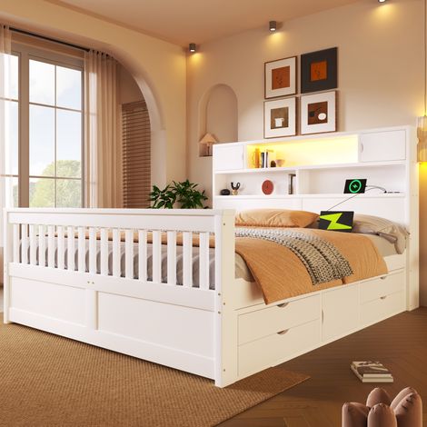 Cadre de lit, éclairage LED, USB, avec tiroirs, avec étagères, blanc, 160 x 200 cm, pour maison et usage quotidien, cadre stable