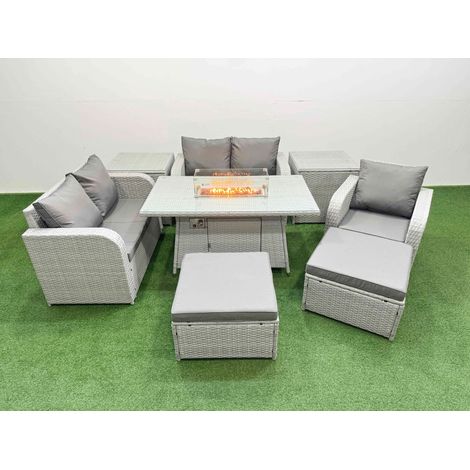 Fimous High Back Poly Rattan Garden Furniture Set with Reclining Chair Loveseat Sofa Firepit Dining Table Indoor Outdoor Patio Set 2 Big Stool 2 Side Table Light Grey (1/4)