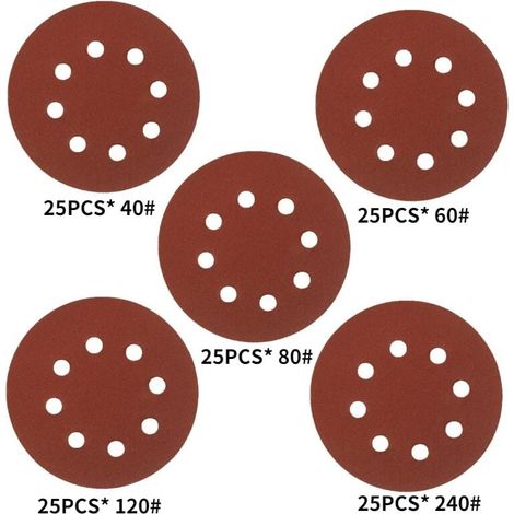 Disques de polissage ronds de 5 pouces - grain 40-125, 8 trous, 125 pièces (1/5)
